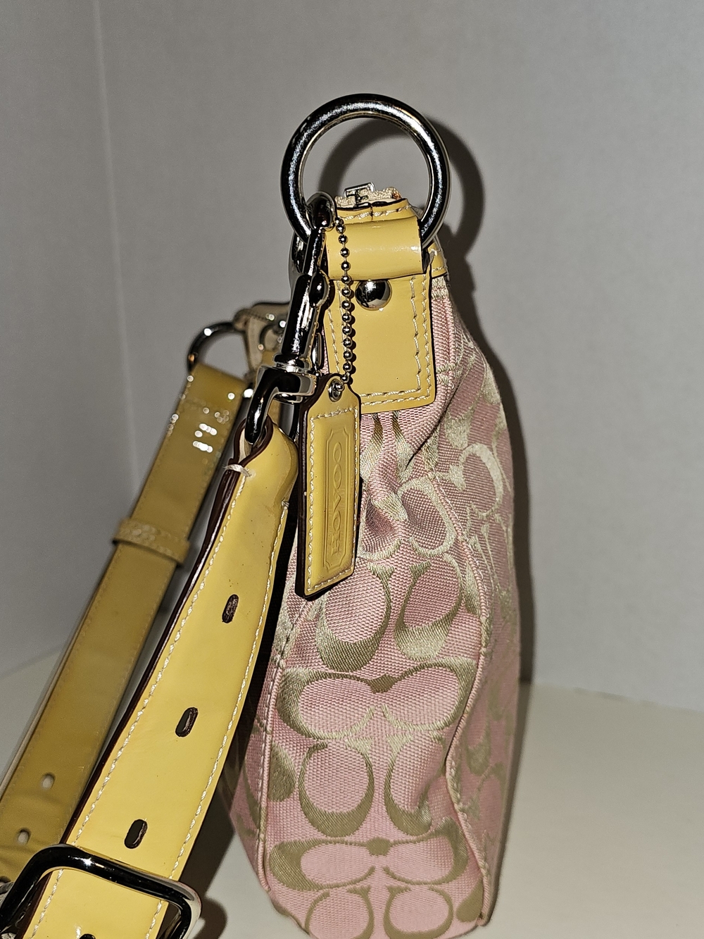 Coach Pink Signature Canvas Shoulder Bag with Yellow Leather Trim - Picture 3 of 6
